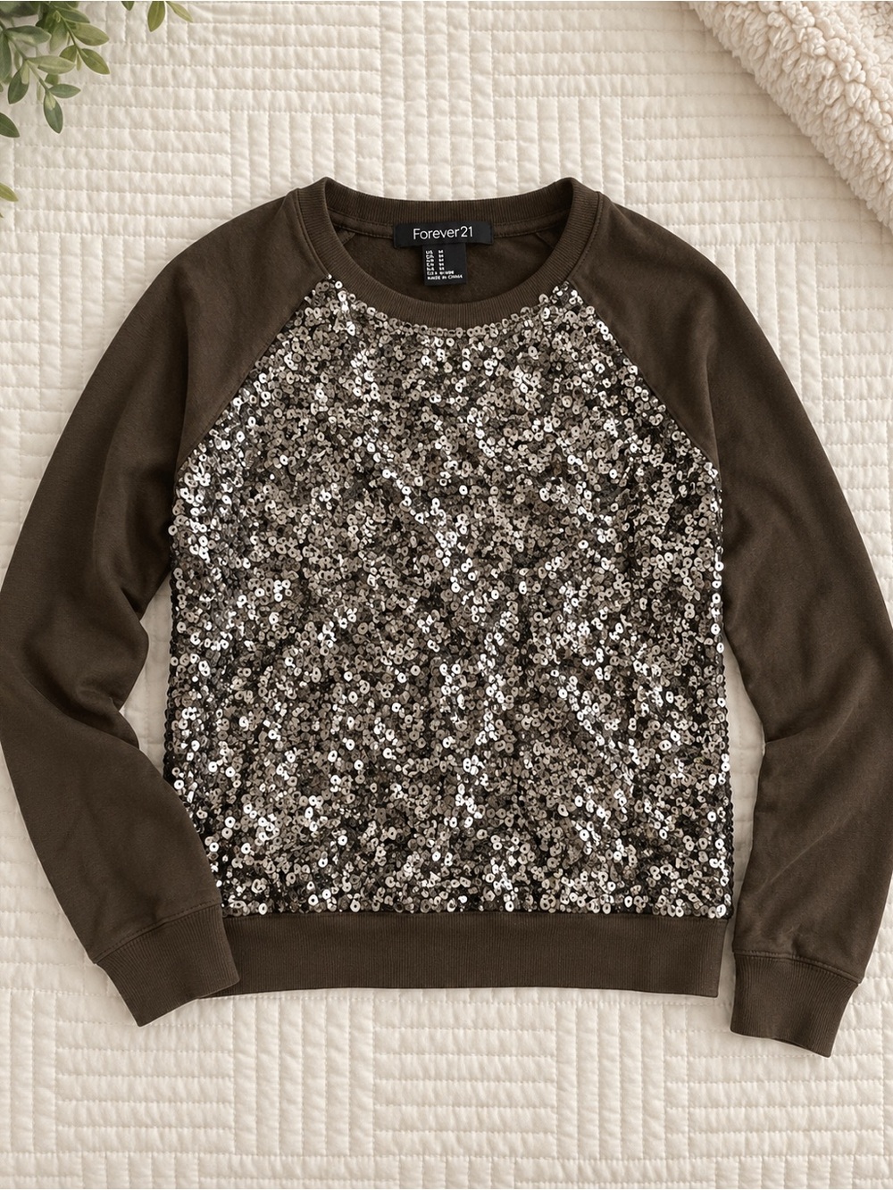 Forever 21 Olive Crewneck Sweatshirt with Silver Sequin Front